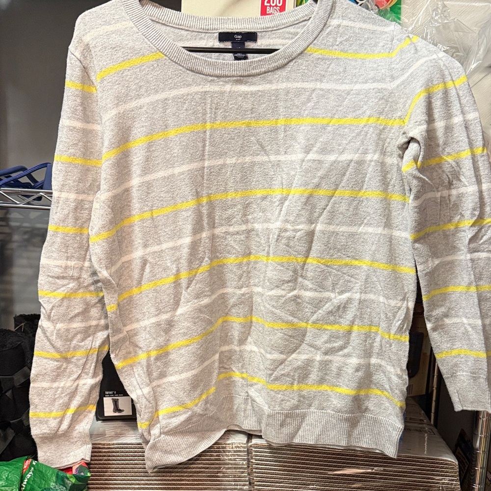 GAP Gray and Yellow Striped Crew Neck Sweater
